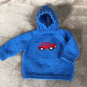 Handmade zipper back opening hooded infant blue sweater